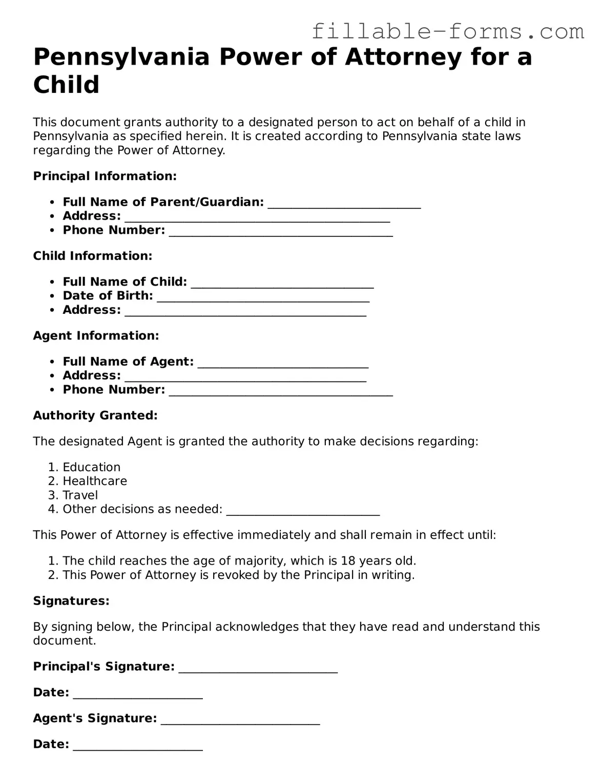 Printable  Power of Attorney for a Child Form for Pennsylvania