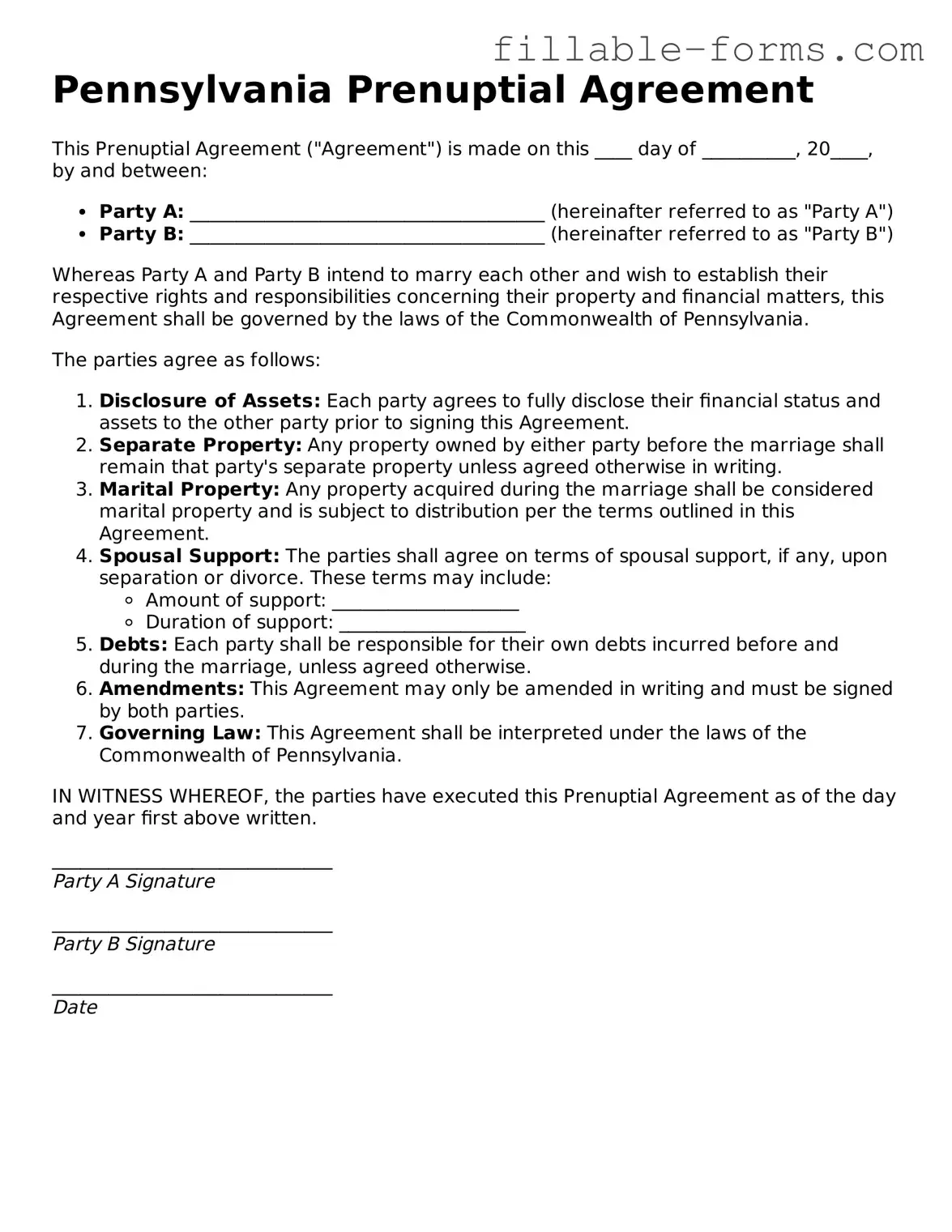 Printable  Prenuptial Agreement Form for Pennsylvania