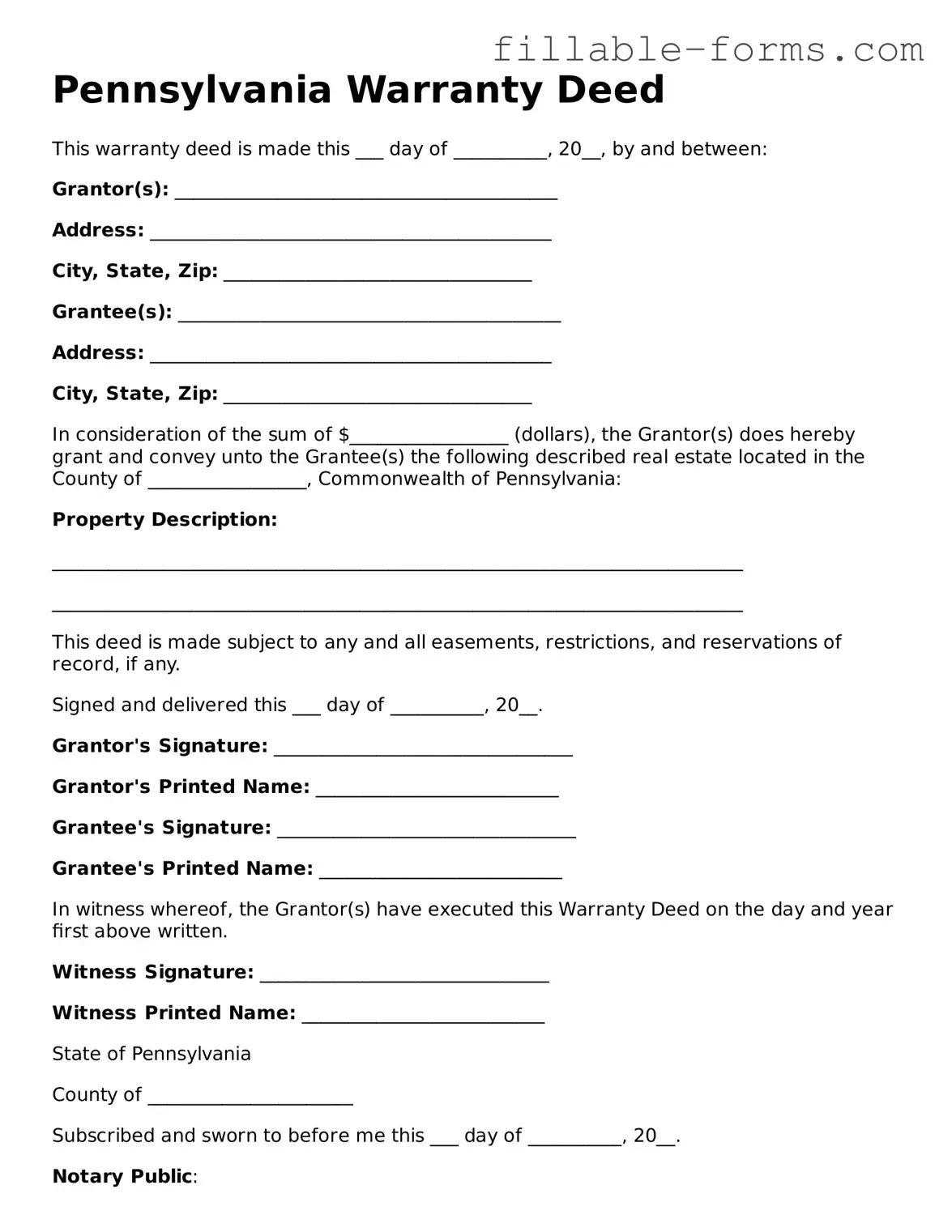 Printable  Deed Form for Pennsylvania
