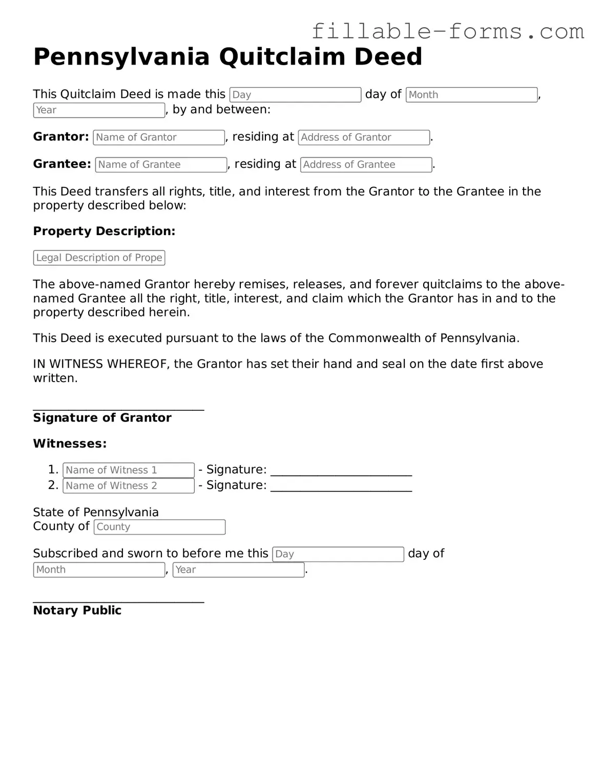 Printable  Quitclaim Deed Form for Pennsylvania