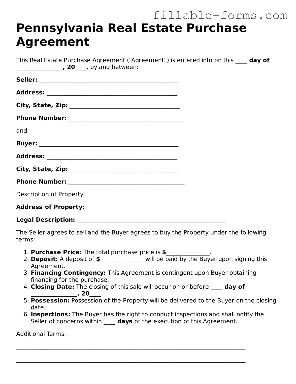 Printable  Real Estate Purchase Agreement Form for Pennsylvania