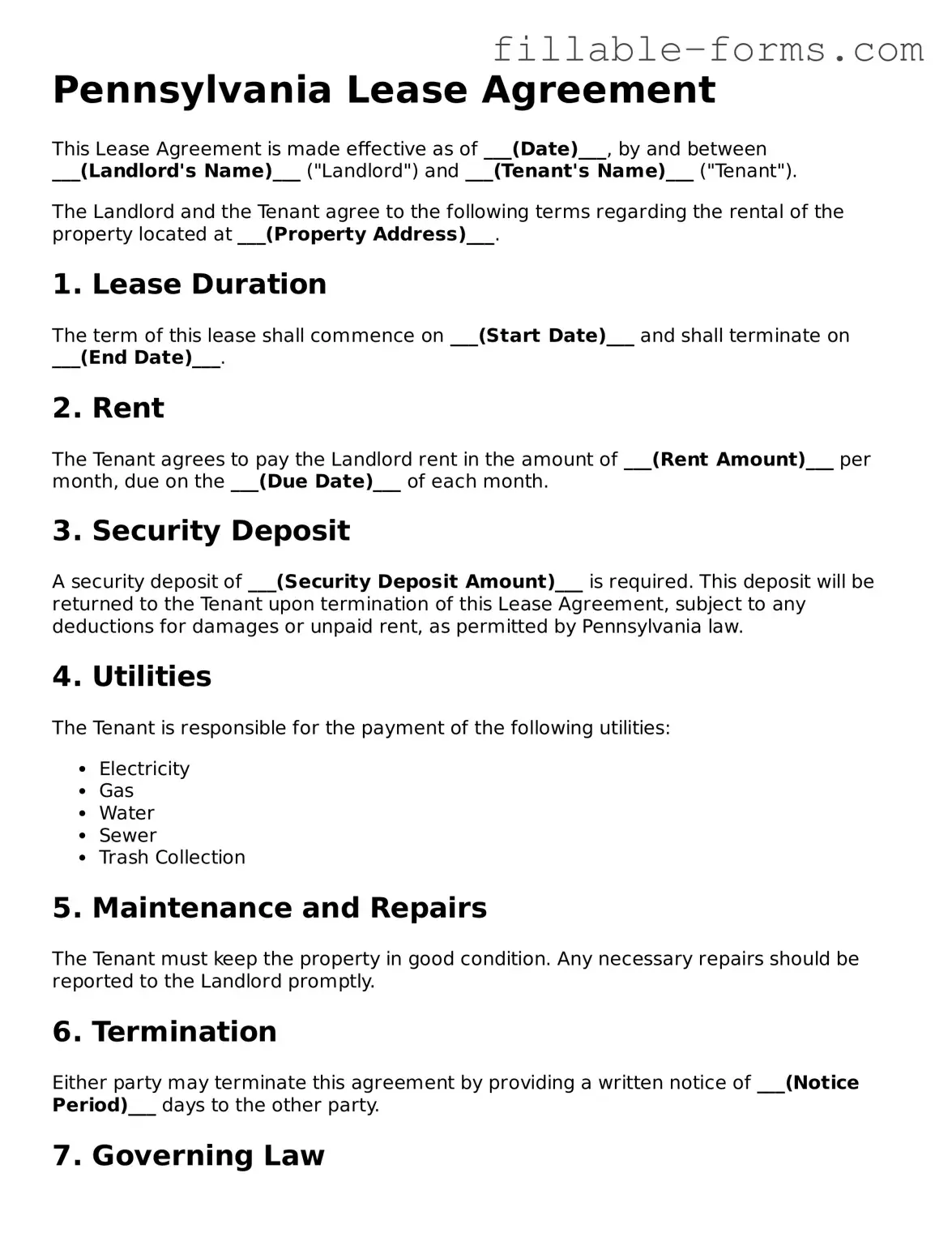 Printable  Lease Agreement Form for Pennsylvania