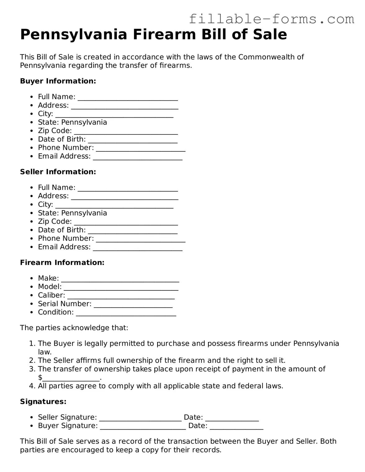 Printable  Firearm Bill of Sale Form for Pennsylvania