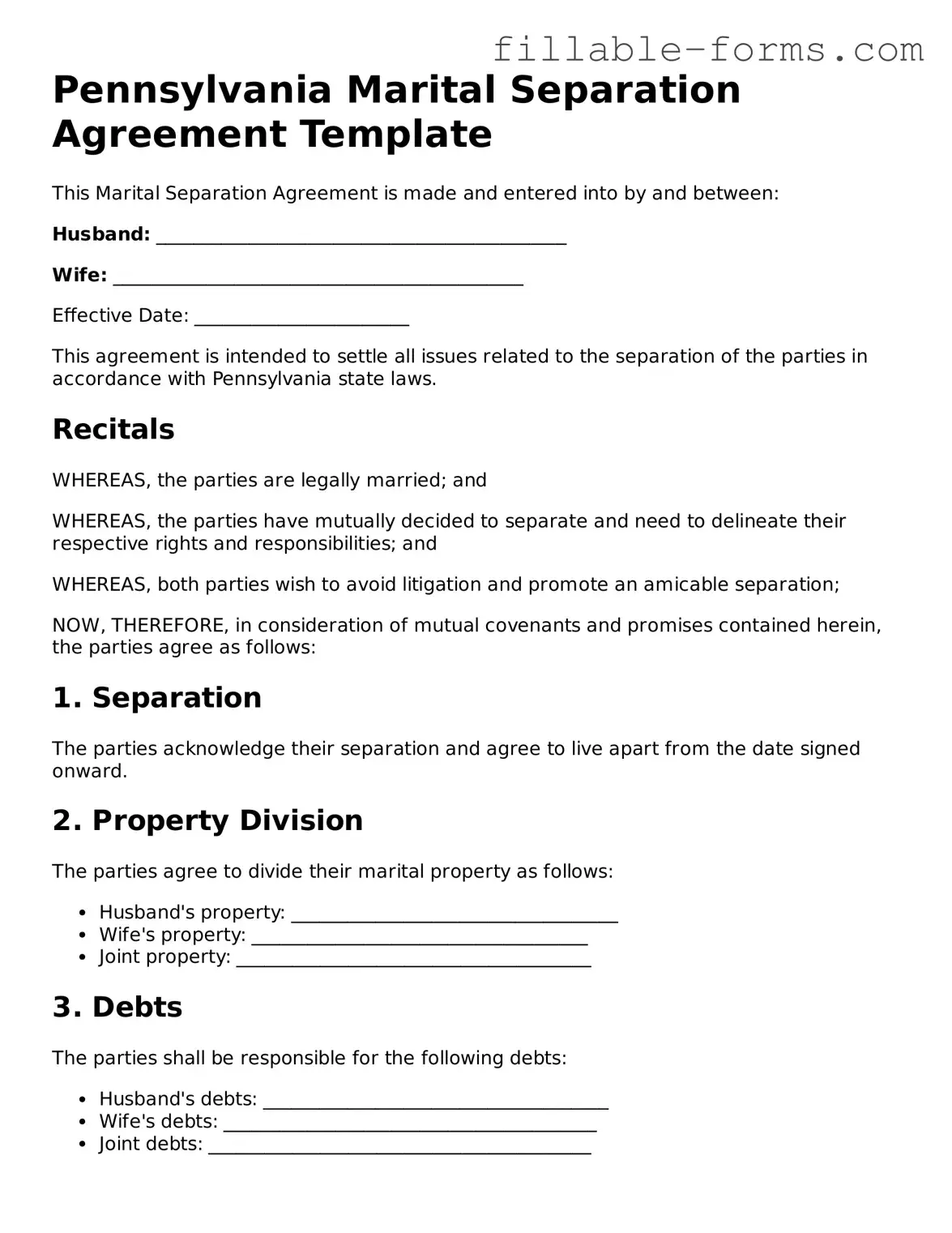Printable  Marital Separation Agreement Form for Pennsylvania