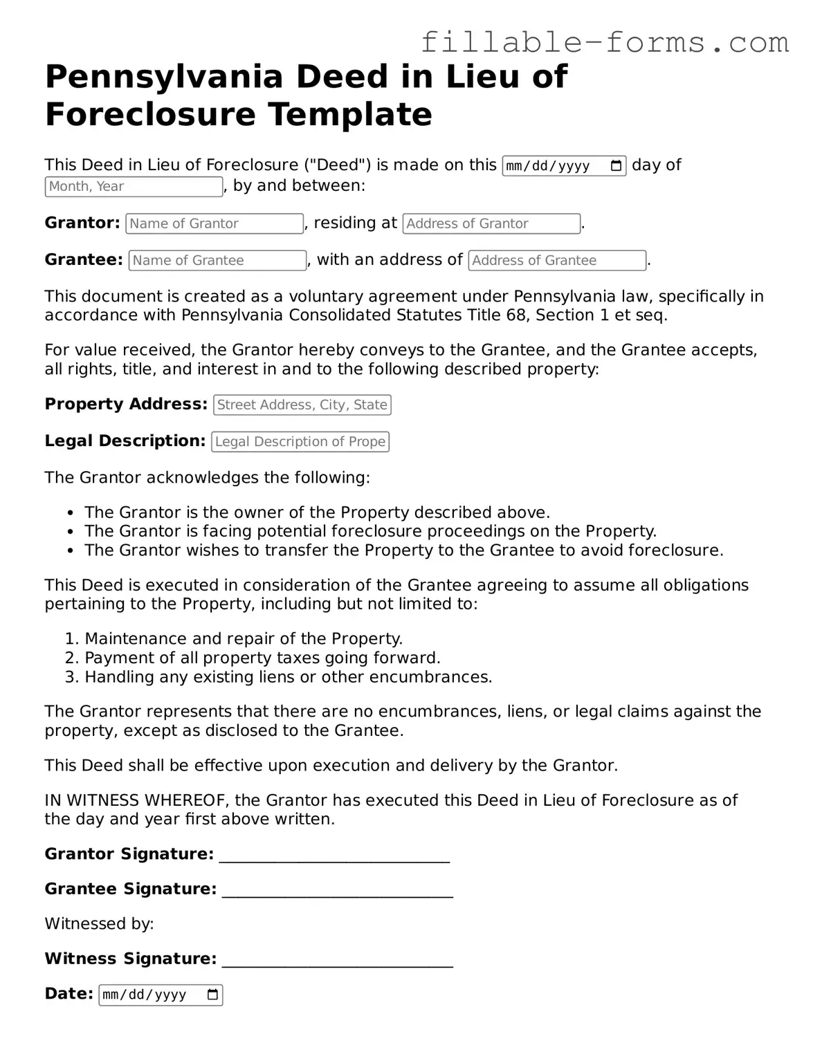 Printable  Deed in Lieu of Foreclosure Form for Pennsylvania
