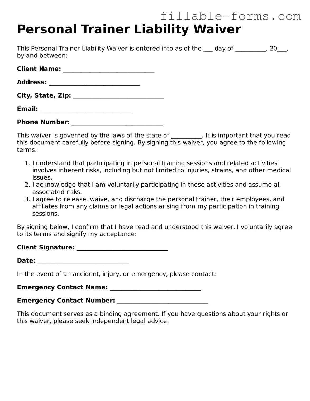 Printable Personal Trainer Liability Waiver Form