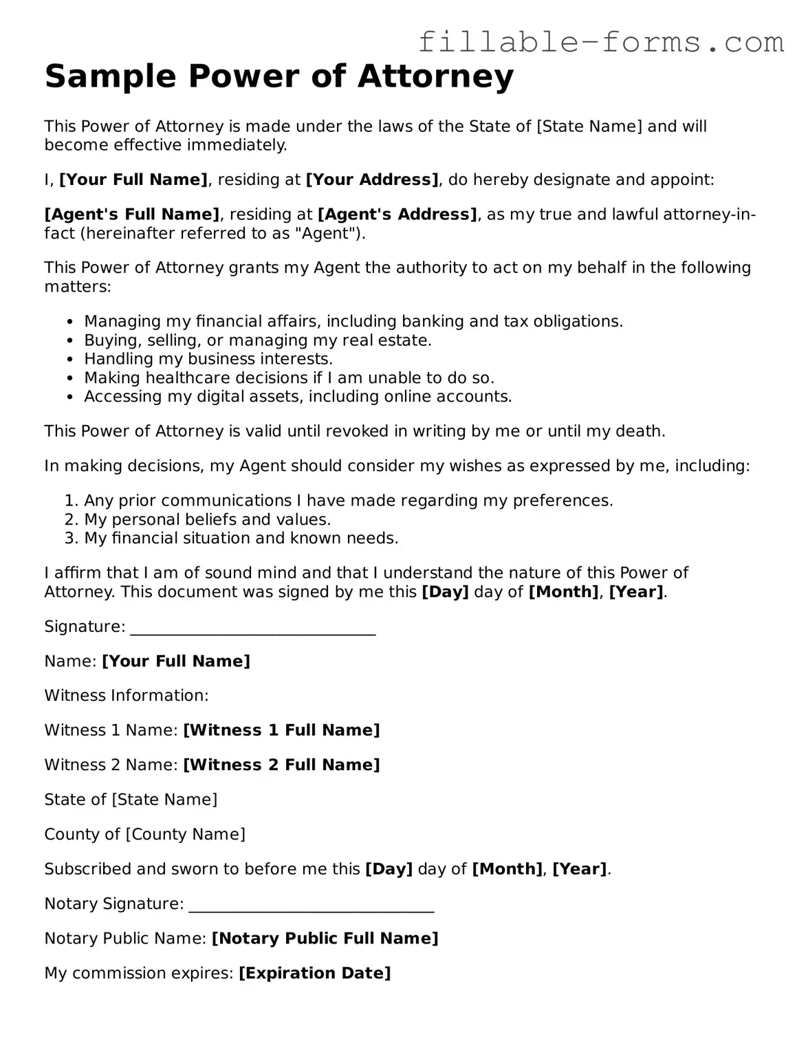 Printable Power of Attorney Form