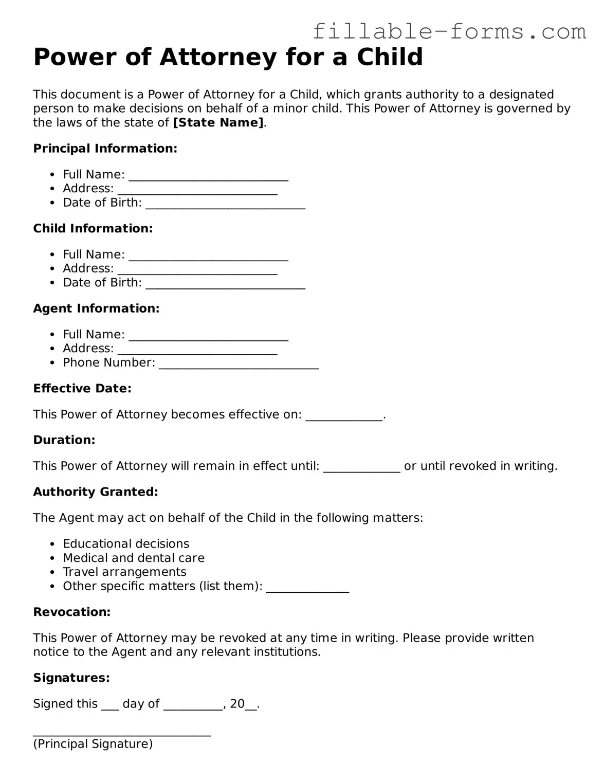 Printable Power of Attorney for a Child Form