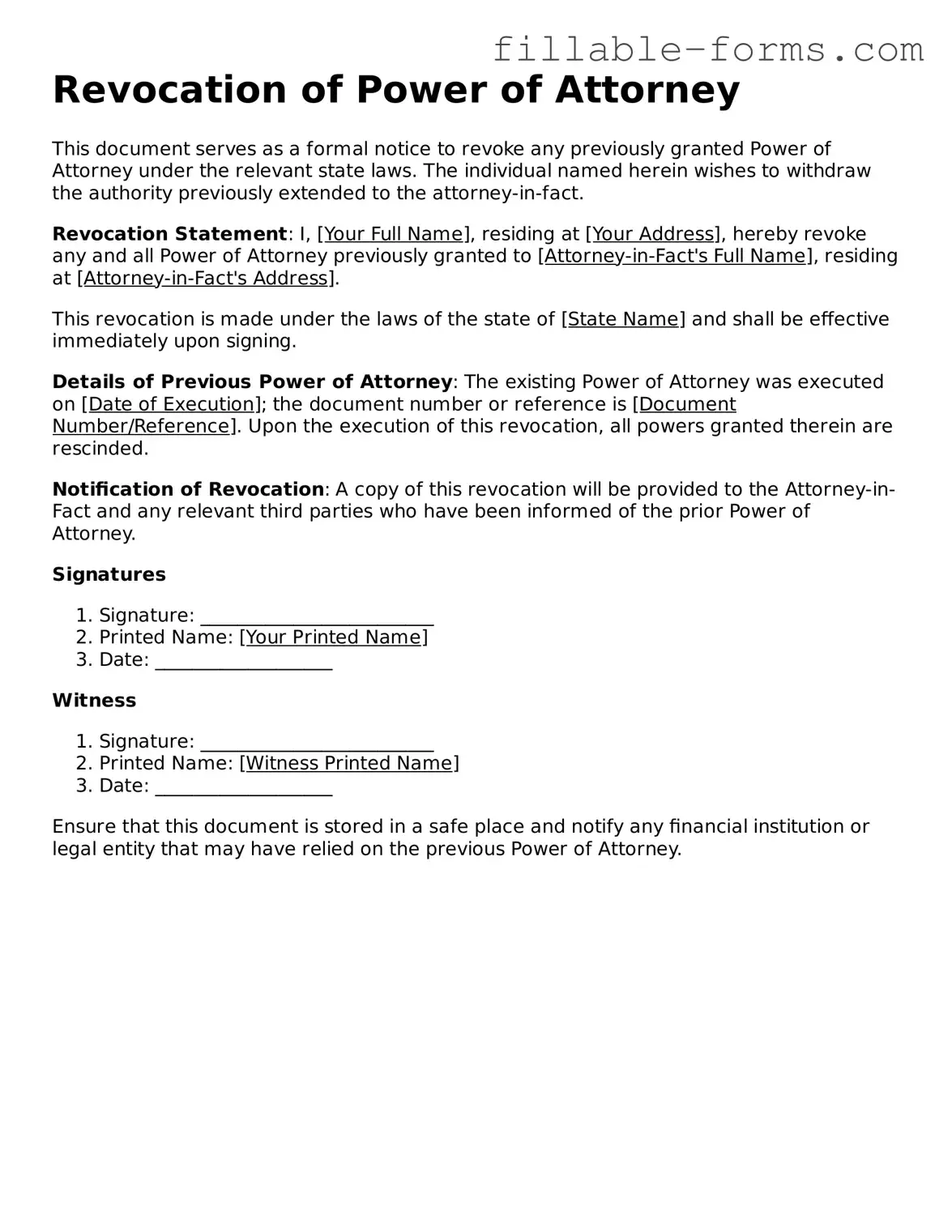 Printable Revocation of Power of Attorney Form