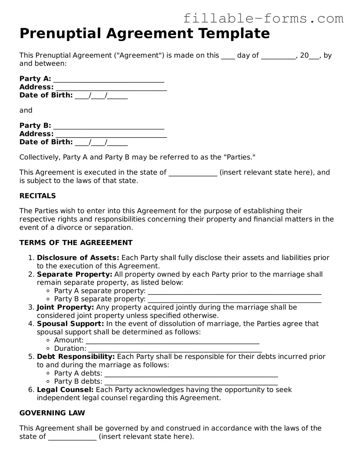 Printable Prenuptial Agreement Form