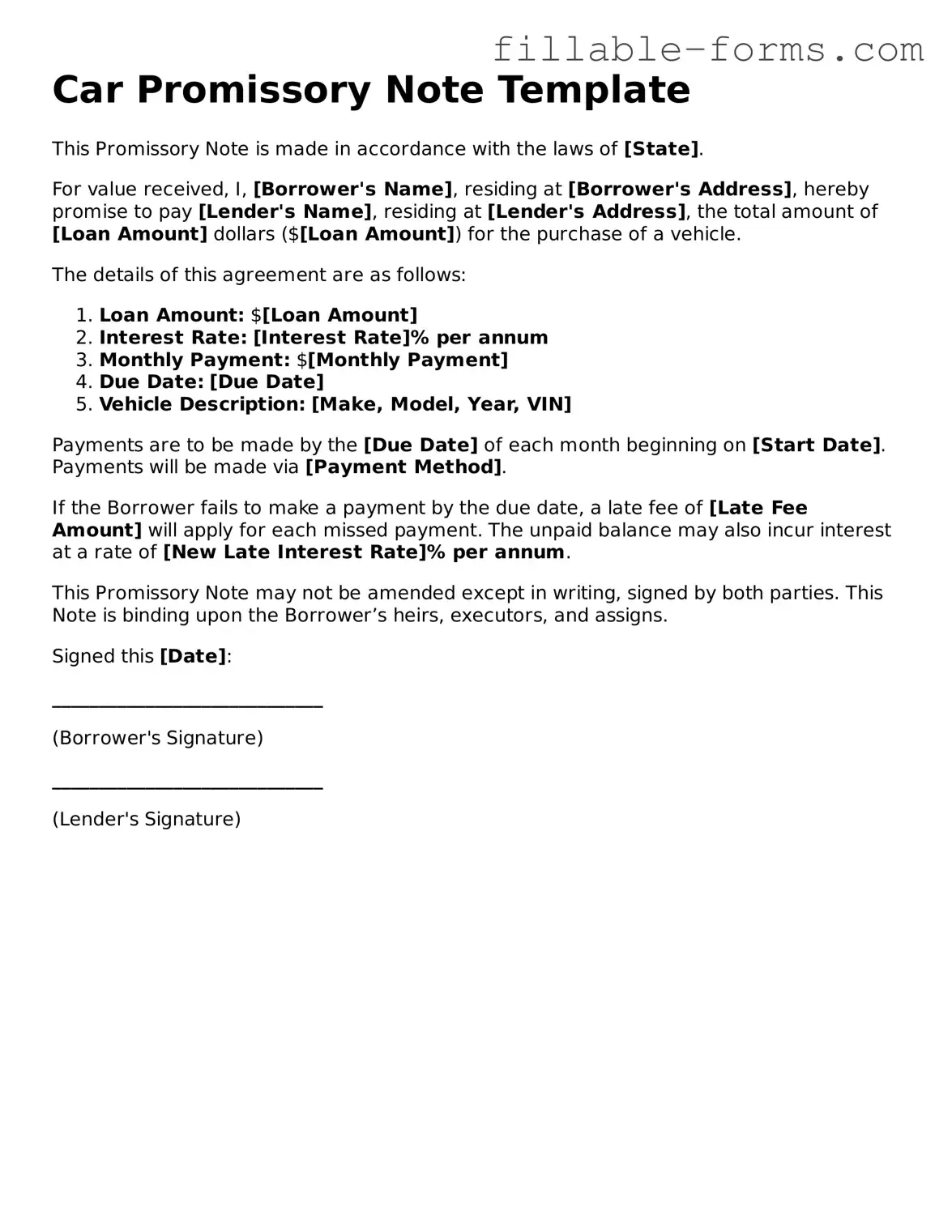 Printable Promissory Note for a Car Form