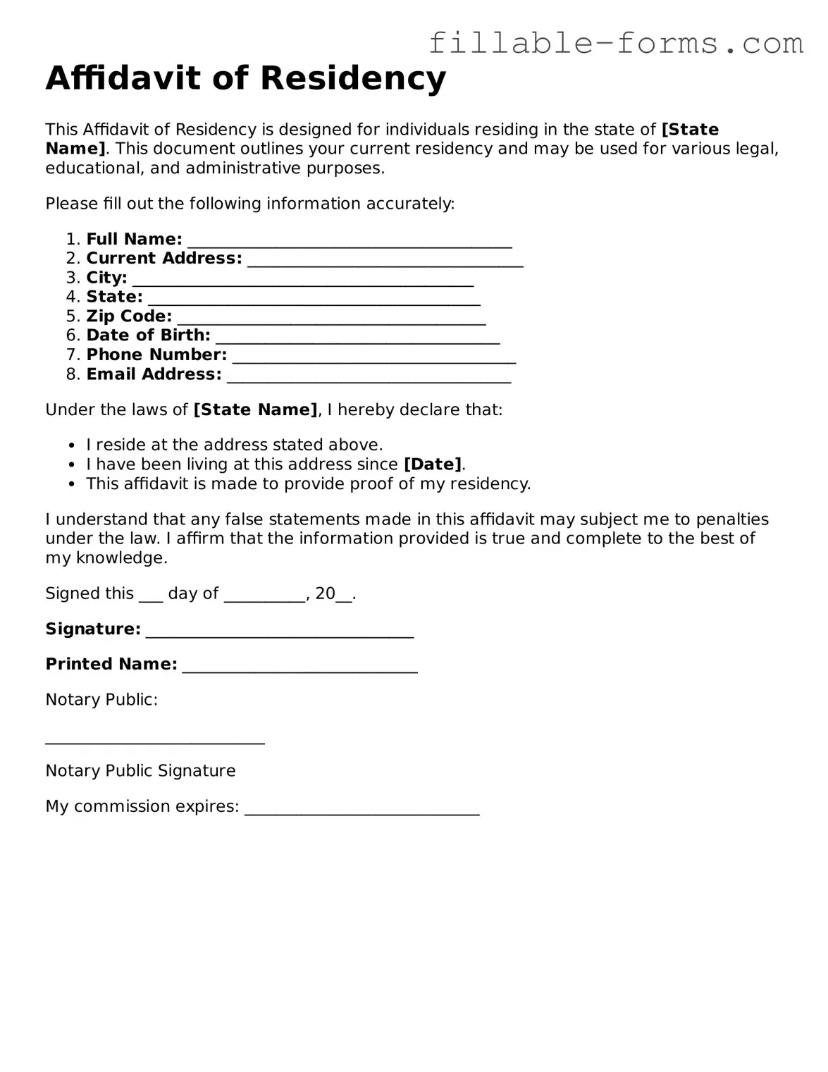 Printable Affidavit of Residency Form