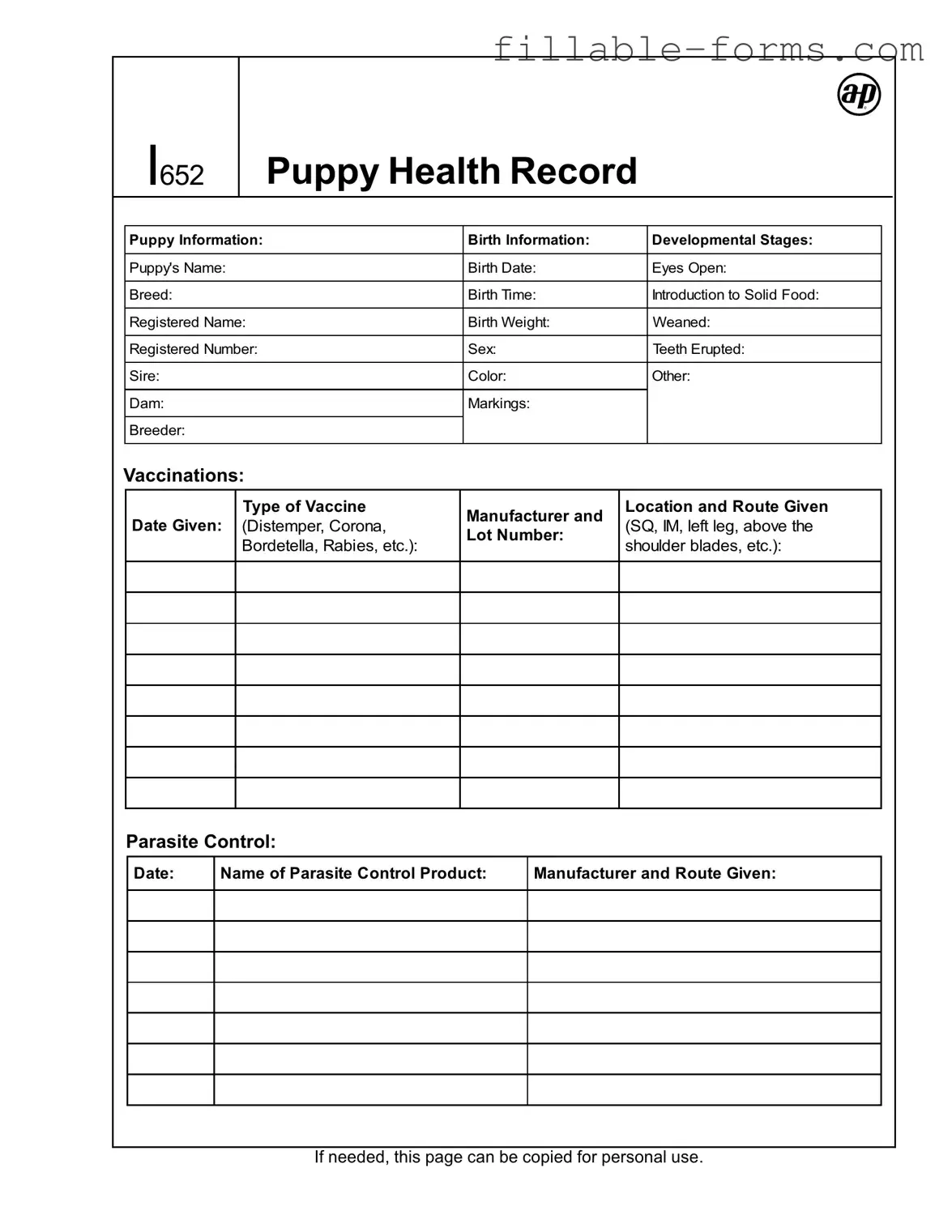 Fill Out a Valid Puppy Health Record Template