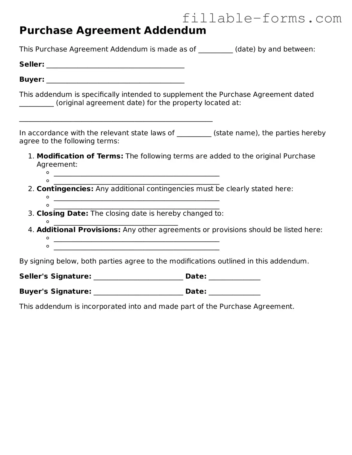 Printable Purchase Agreement Addendum Form