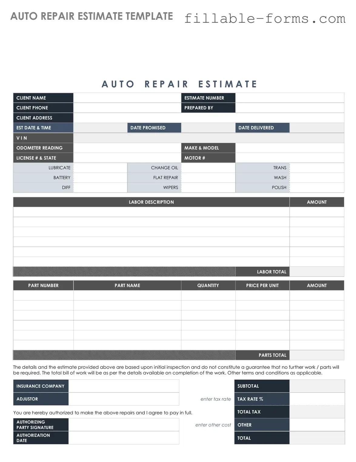 Fill Out a Valid Auto Repair Estimate Template