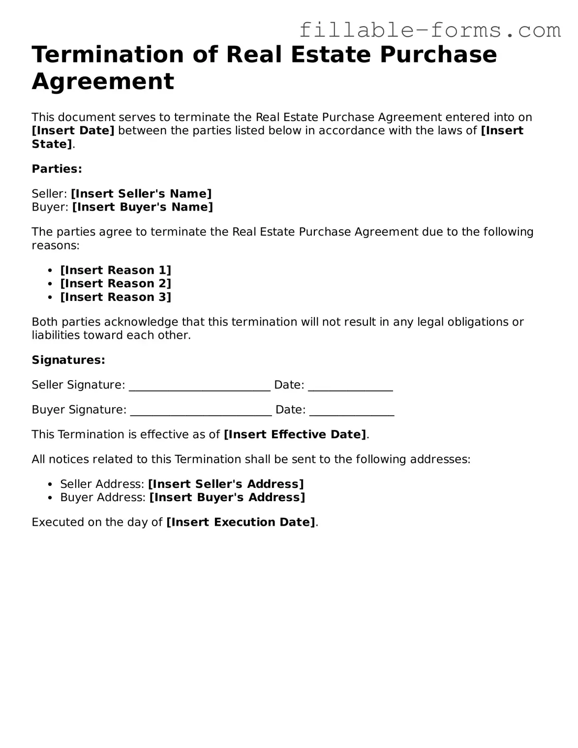 Printable Termination of Real Estate Purchase Agreement Form