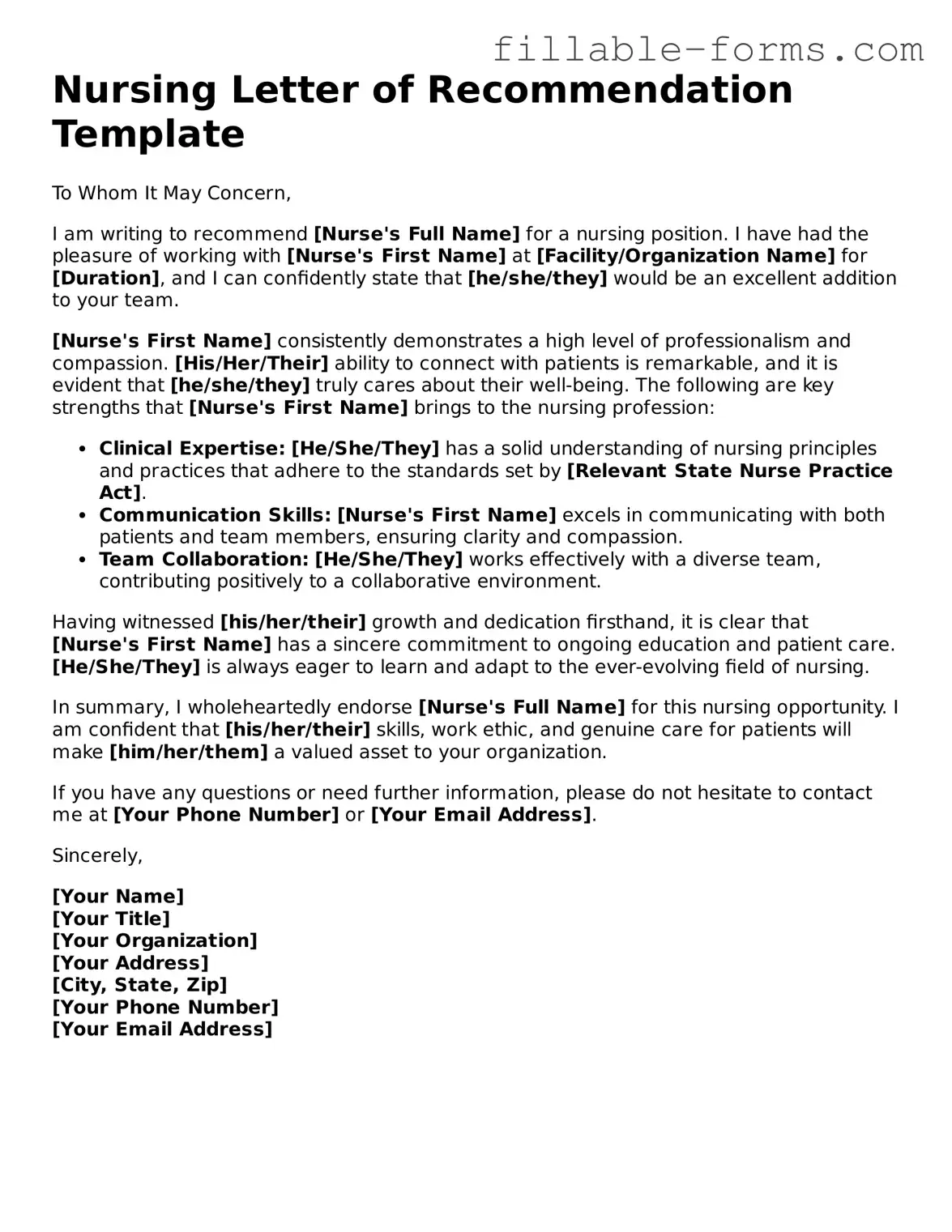 Printable Nursing Letter of Recommendation Form