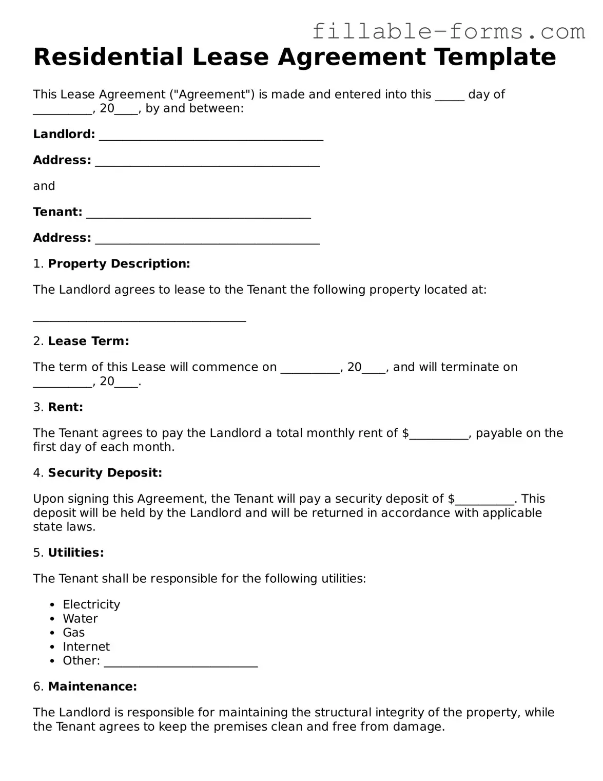 Printable Lease Agreement Form