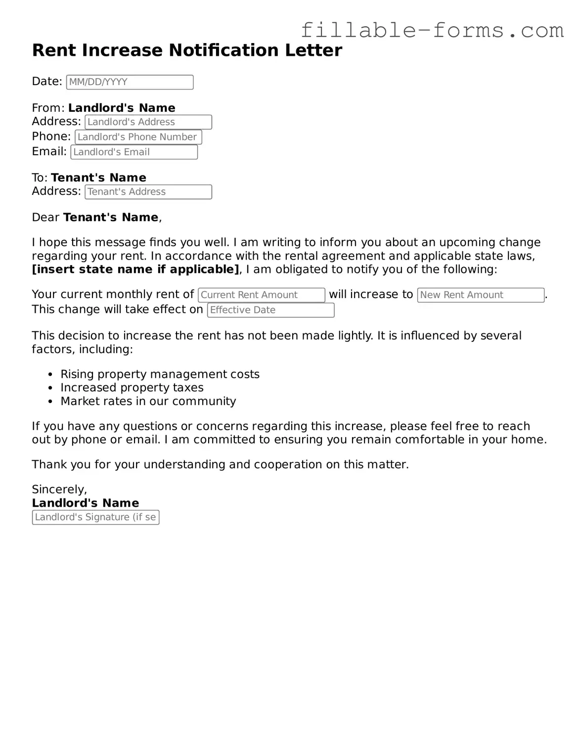 Printable Rent Increase Letter Form