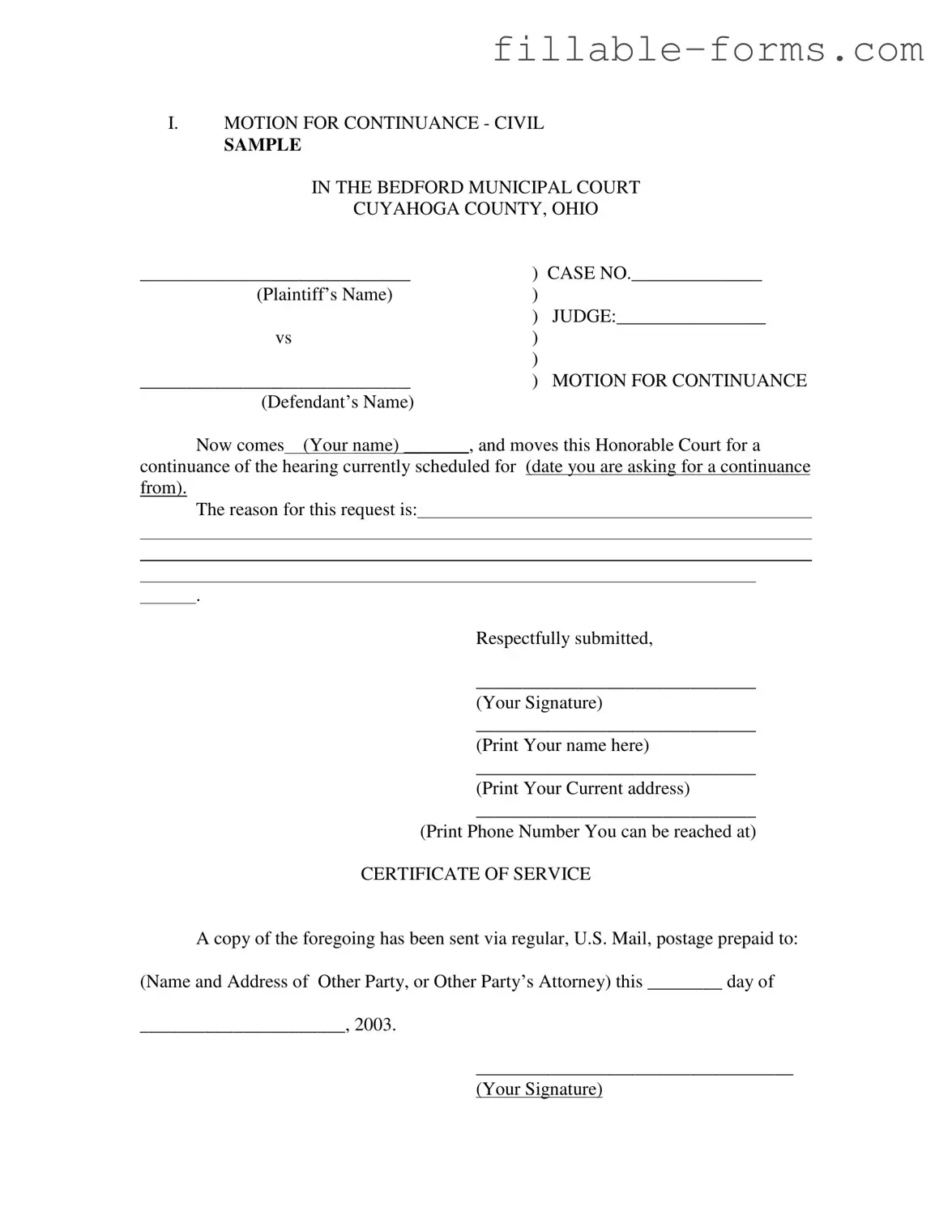 Fill Out a Valid Motion For Continuance Template