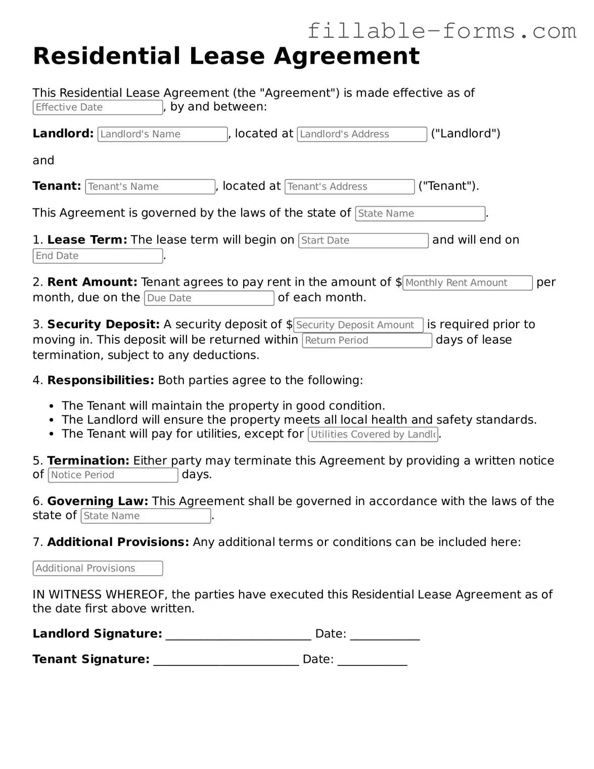 Printable Residential Lease Agreement Form