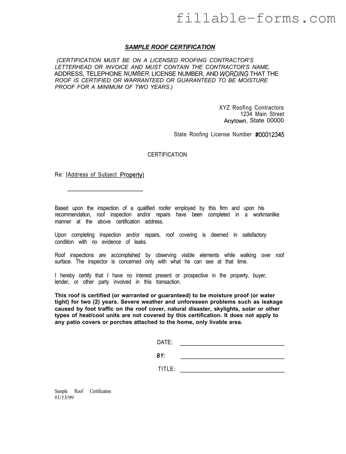 Fill Out a Valid Sample Roof Certification Template
