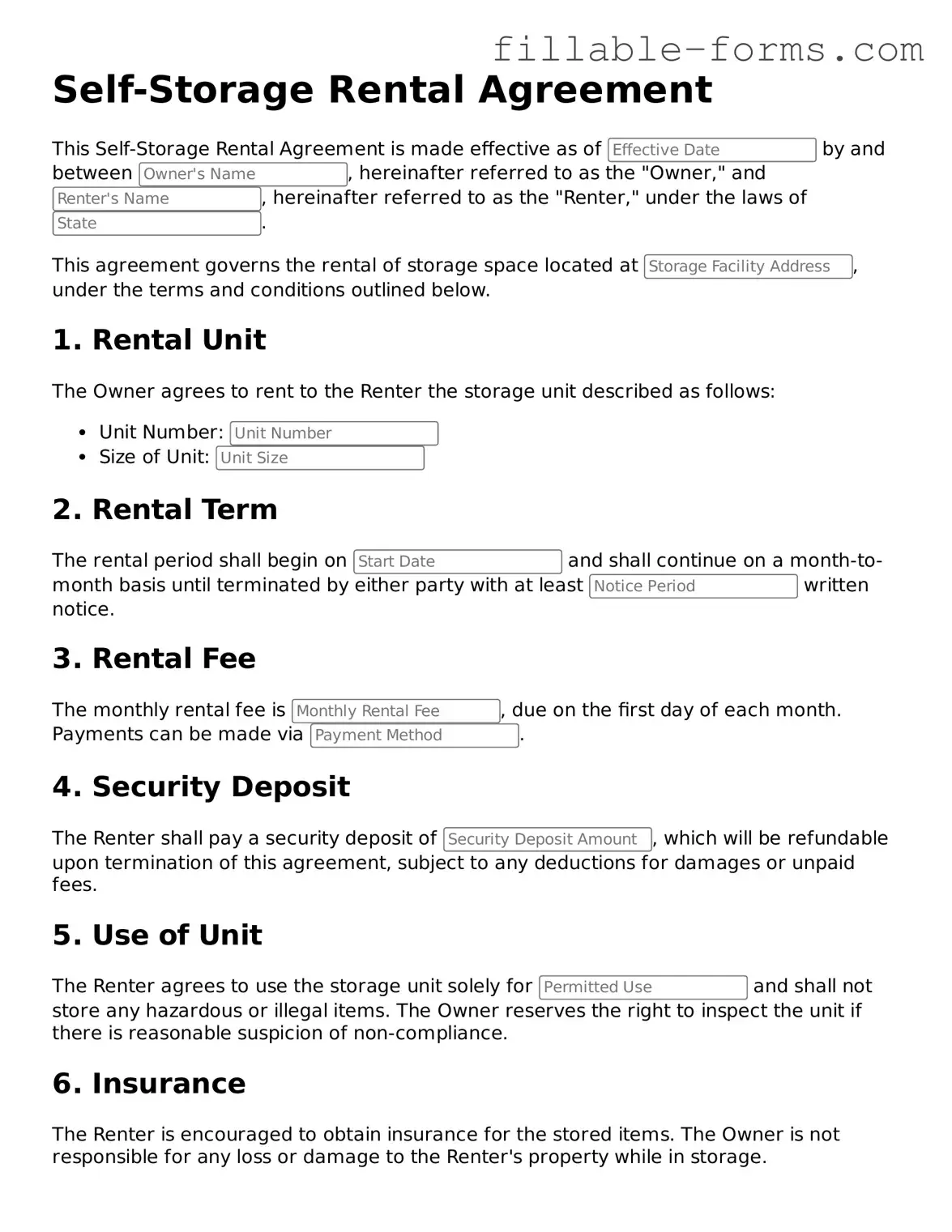 Printable Self-Storage Rental Agreement Form