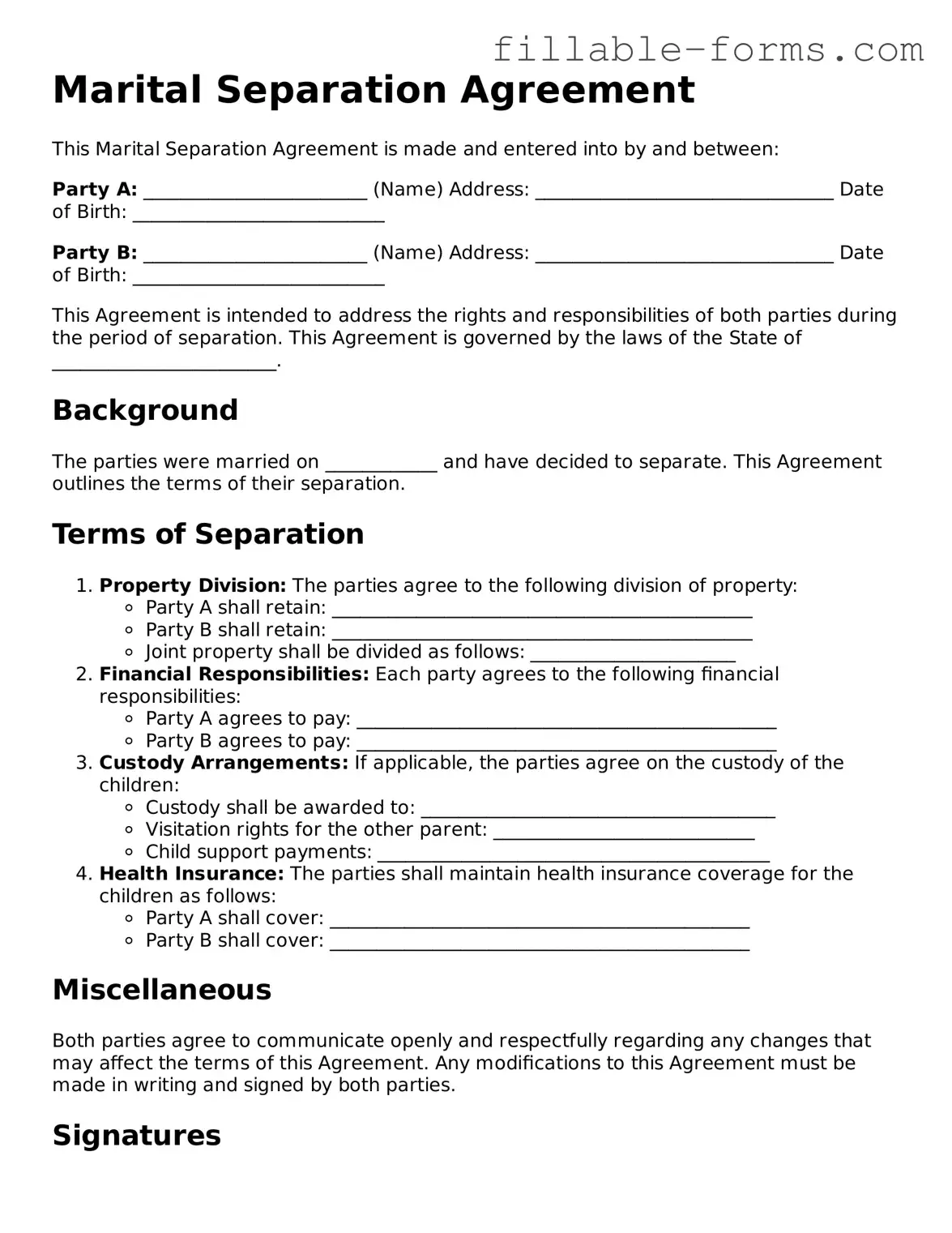 Printable Marital Separation Agreement Form