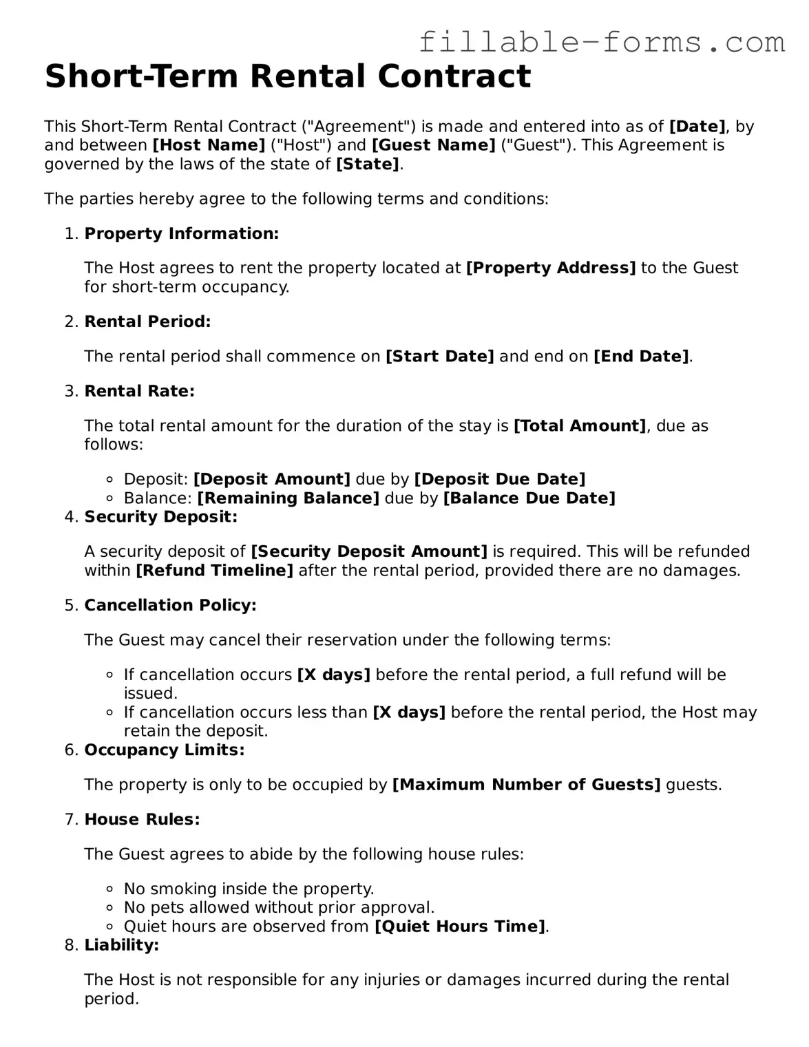 Printable Short-Term Rental Contract Form
