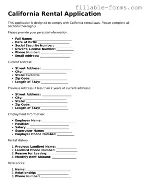 Printable  Rental Application Form for California