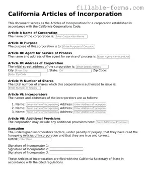 Printable  Articles of Incorporation Form for California