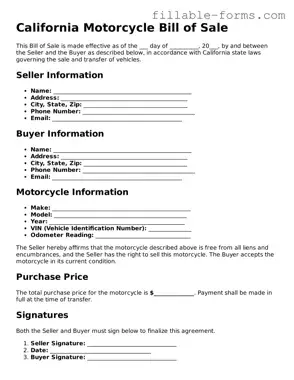Printable  Motorcycle Bill of Sale Form for California