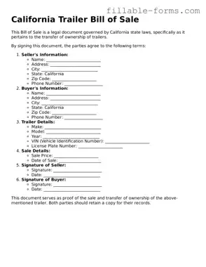 Printable  Trailer Bill of Sale Form for California