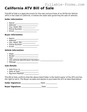 Printable  ATV Bill of Sale Form for California