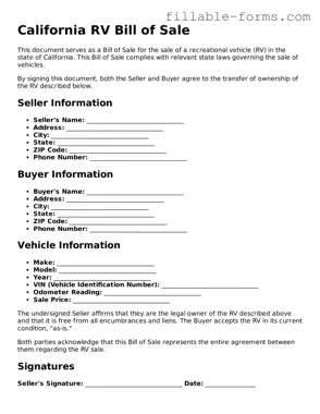 Printable  RV Bill of Sale Form for California
