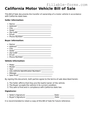 Printable  Motor Vehicle Bill of Sale Form for California
