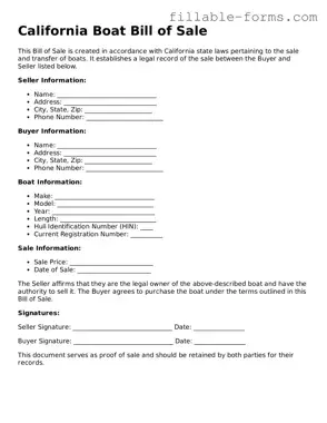 Printable  Boat Bill of Sale Form for California