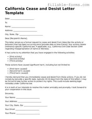Printable  Cease and Desist Letter Form for California