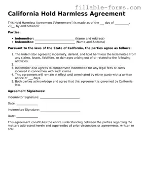 Printable  Hold Harmless Agreement Form for California