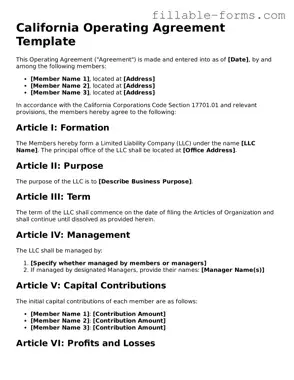 Printable  Operating Agreement Form for California