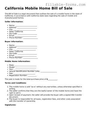 Printable  Mobile Home Bill of Sale Form for California