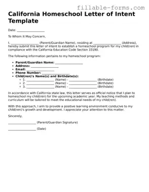 Printable  Homeschool Letter of Intent Form for California