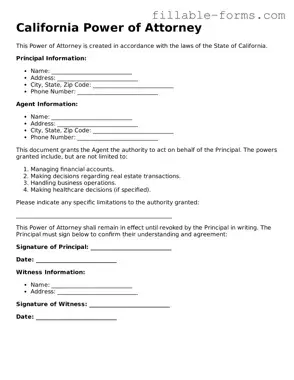Printable  Power of Attorney Form for California