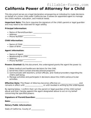 Printable  Power of Attorney for a Child Form for California
