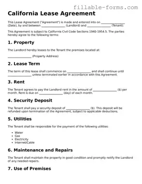 Printable  Lease Agreement Form for California