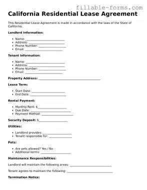 Printable  Residential Lease Agreement Form for California