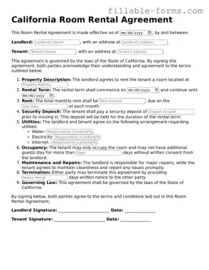 Printable  Room Rental Agreement Form for California