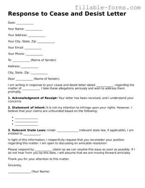 Printable Response to a Cease and Desist Letter Form