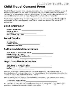 Printable Child Travel Consent Form Form