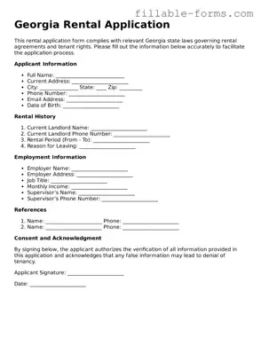 Printable  Rental Application Form for Georgia